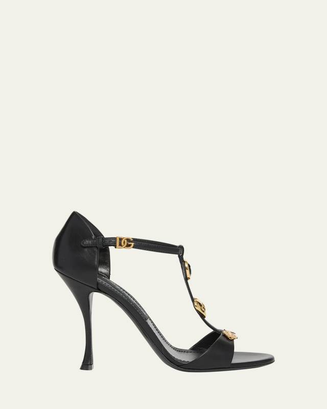 Stone Embellished Leather T-Strap Sandals